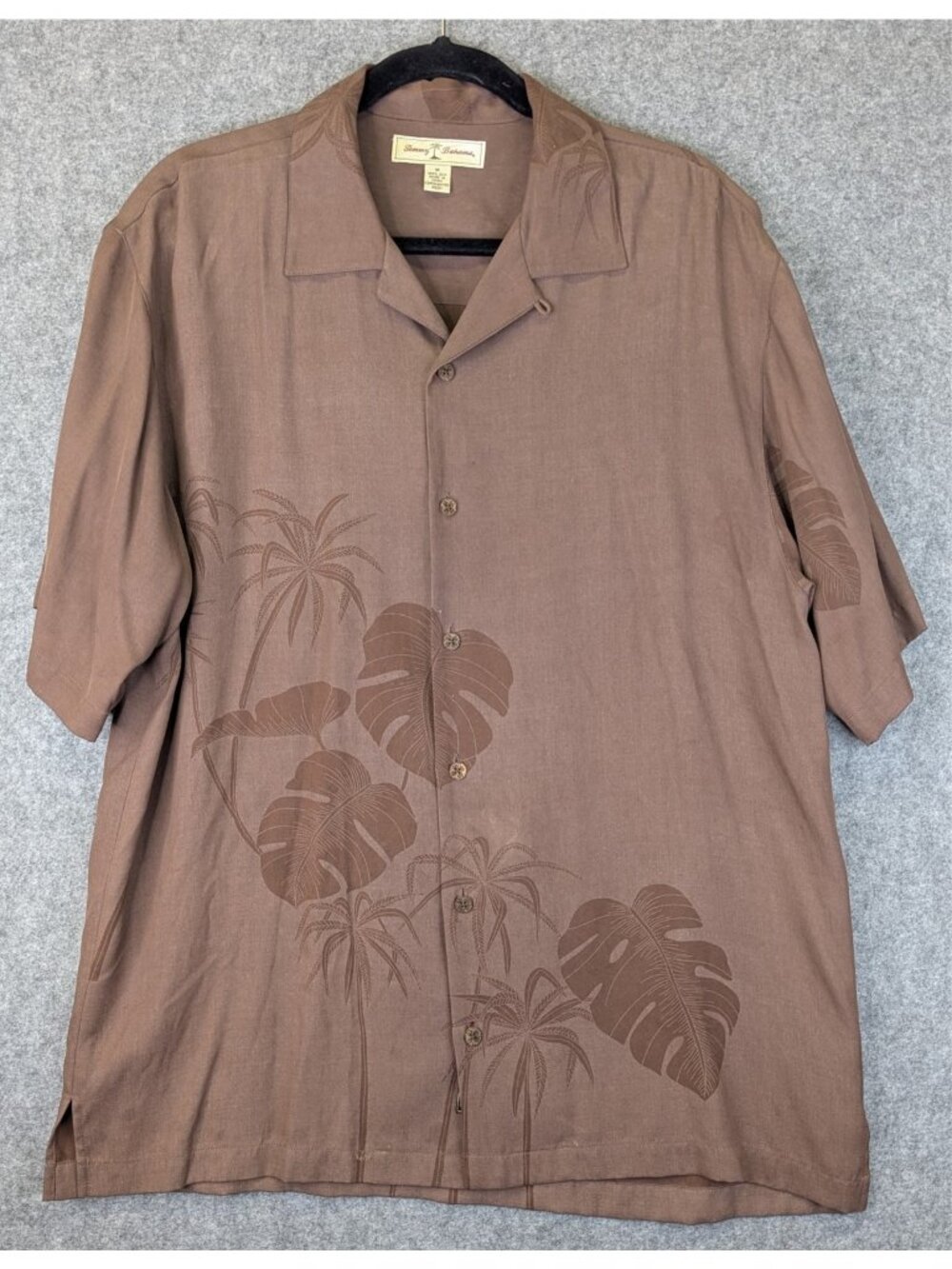Tommy Bahama Mens Medium Button Down Shirt 100% Silk Brown Hawaiian Aloha Casual